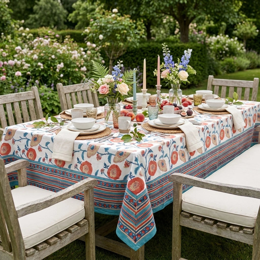 A rectangular outdoor dining table set with a white tablecloth featuring a colorful floral and botanical border print, surrounded by wooden chairs in a lush garden setting.
