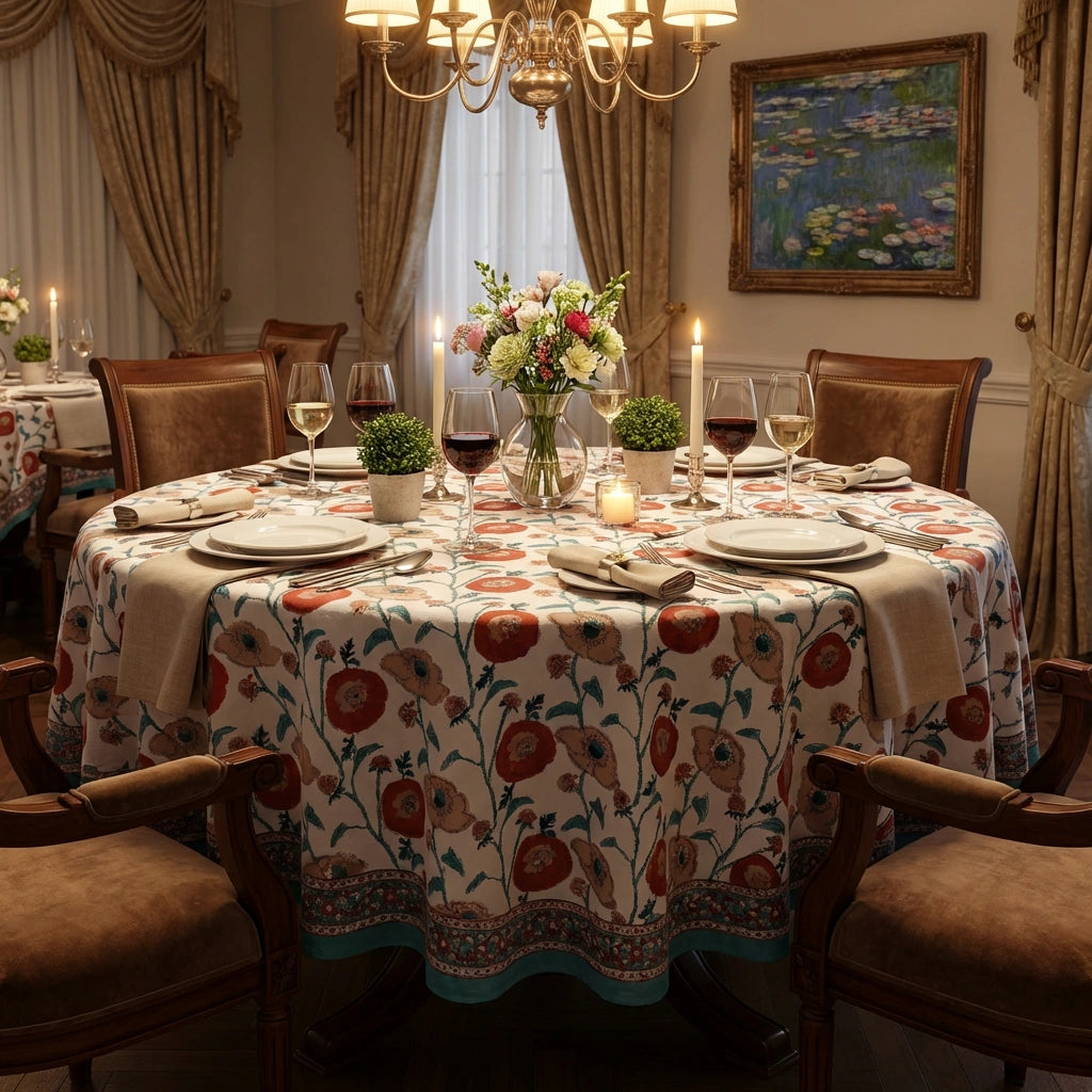 100% Fine Cotton Round Tablecloth Teal Flower Open