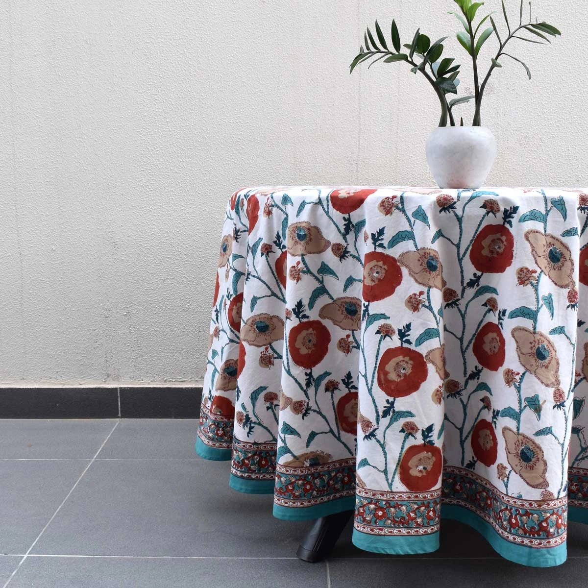100% Fine Cotton Round Tablecloth Teal Flower Open