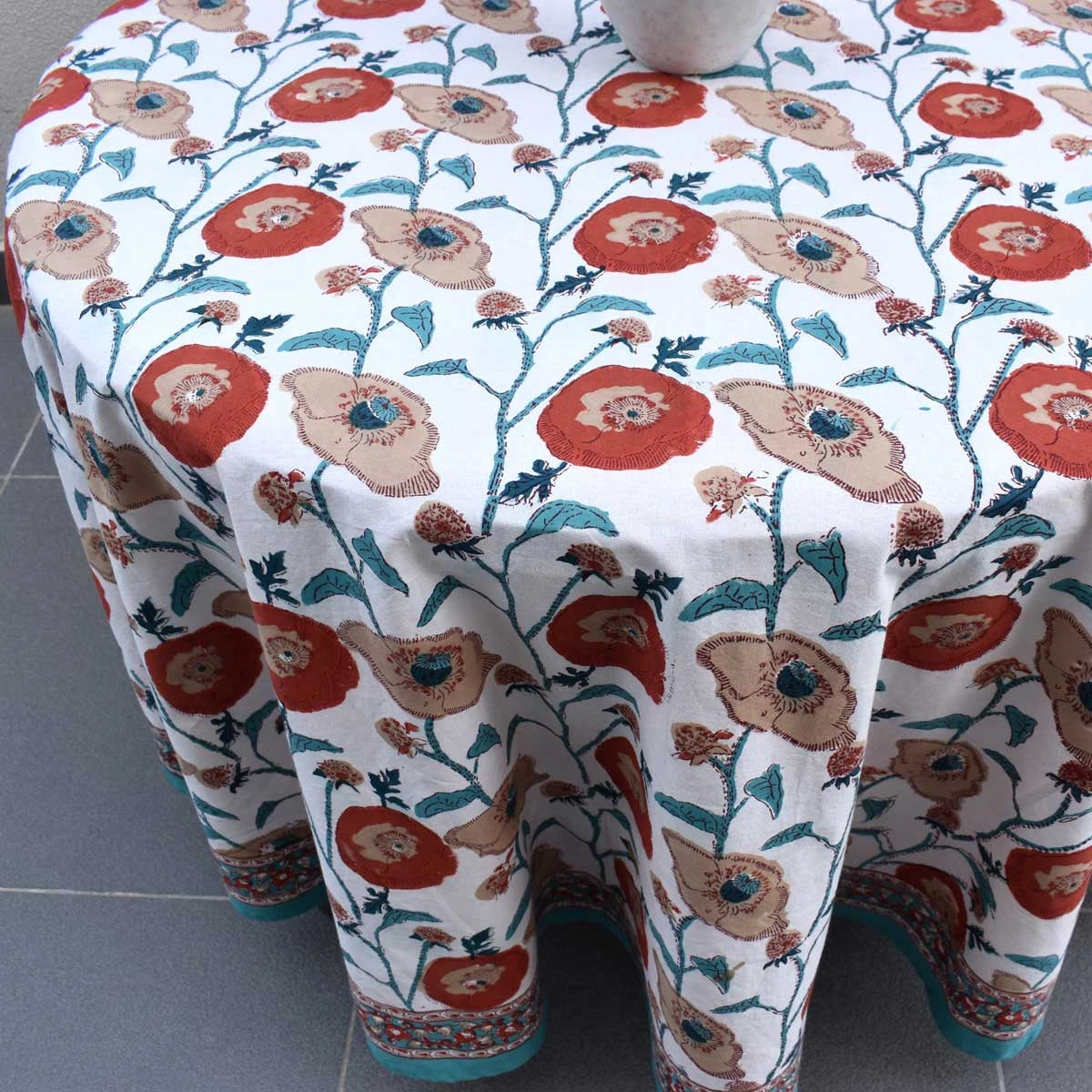 100% Fine Cotton Round Tablecloth Teal Flower Open