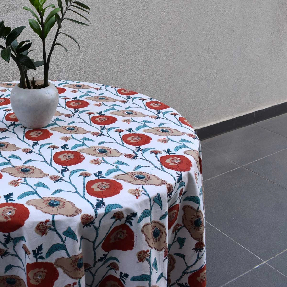 100% Fine Cotton Round Tablecloth Teal Flower Open