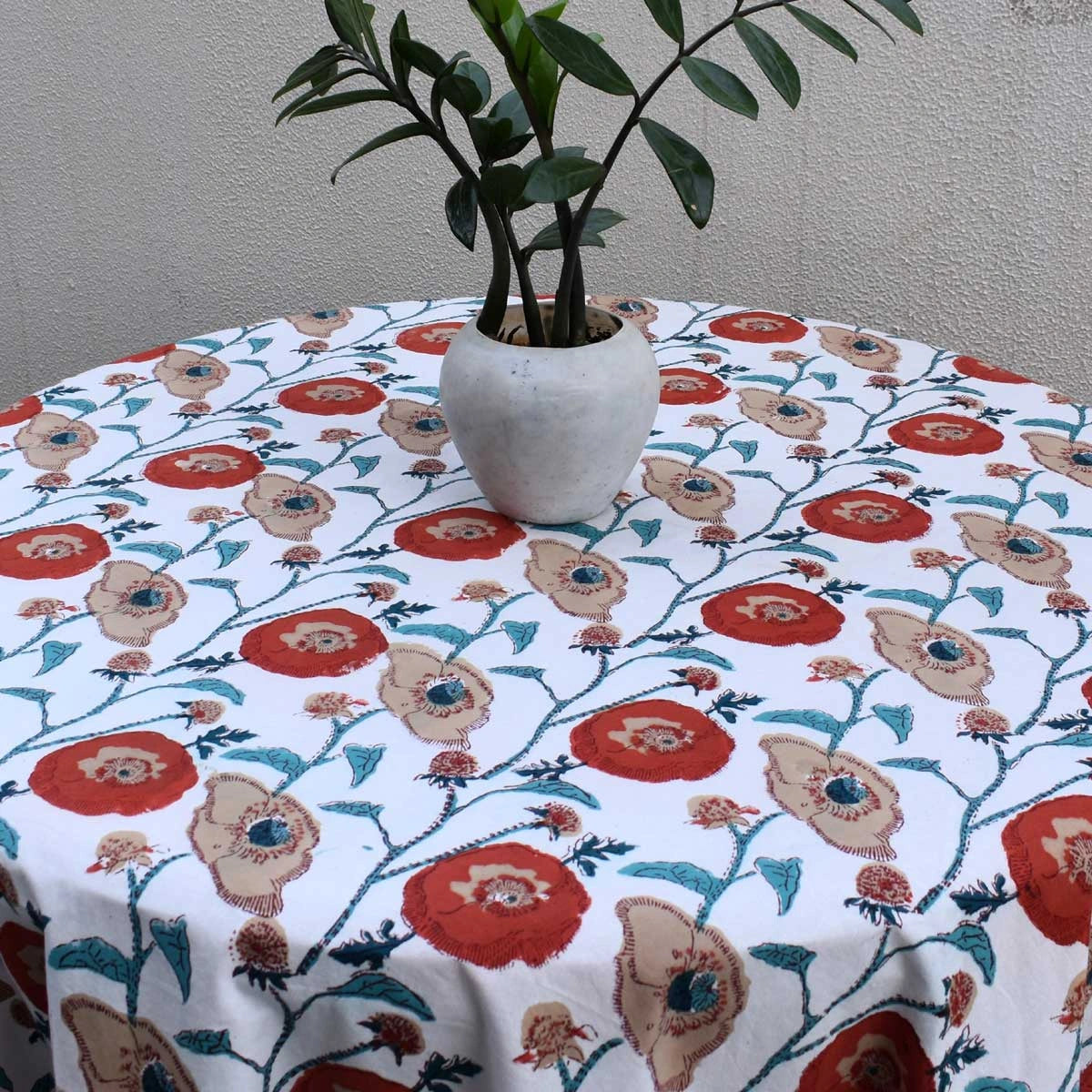 100% Fine Cotton Round Tablecloth Teal Flower Open