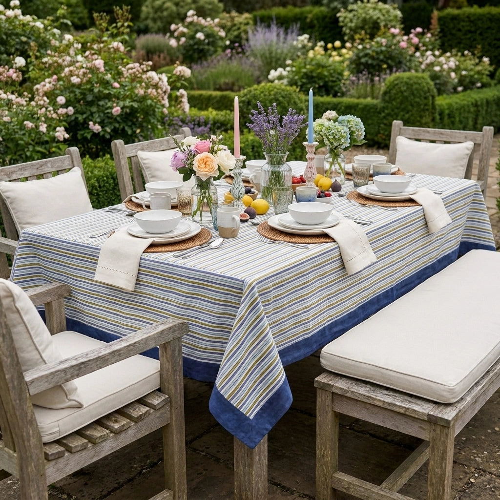 A rectangular outdoor dining table set in a garden with a blue, beige, and white striped tablecloth, wooden chairs and benches with cream cushions, white tableware, and floral centerpieces.