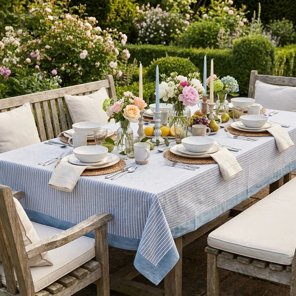 Hand Block Printed Cotton Tablecloth 180x270 cms | Two Stripe Starlight 202212