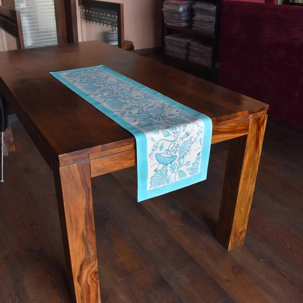 Natural Dye Table Runner Waterlily Aqua