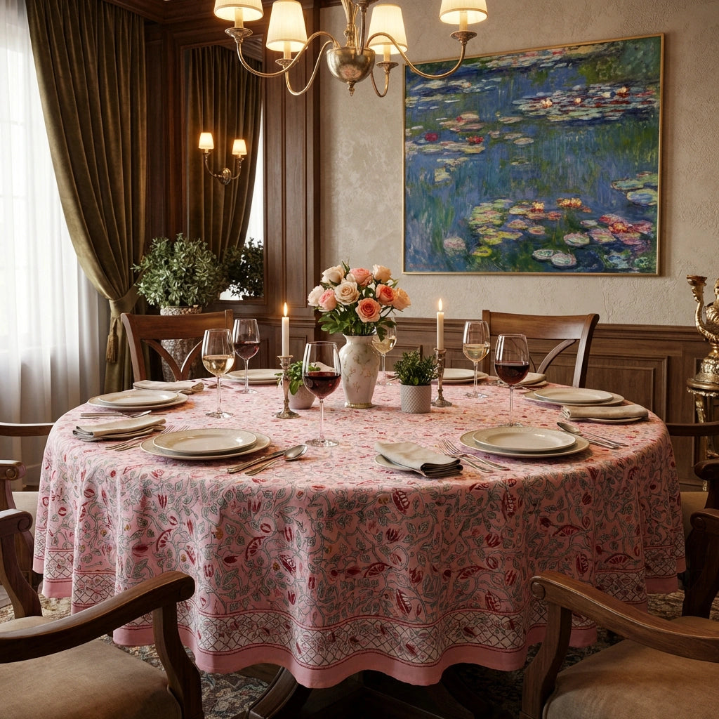 A round dining table set for six with a pink floral tablecloth, plates, wine glasses, candles, and a vase of roses in a richly decorated dining room. A large framed Monet-style water lily painting hangs on the wall behind.