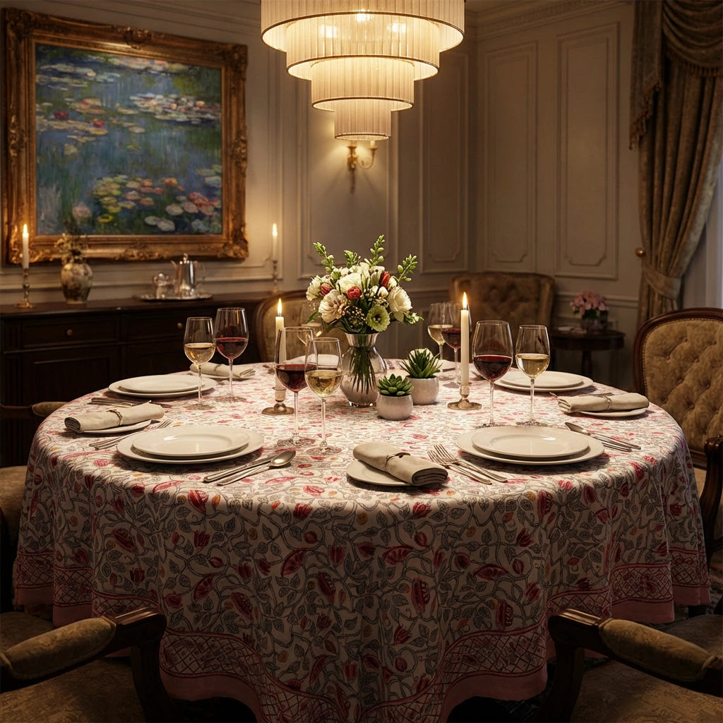 A round dining table set for six in a warmly lit classical room, covered with a pink and beige floral tablecloth. The table is decorated with white plates, wine glasses, candles, and a central floral arrangement.