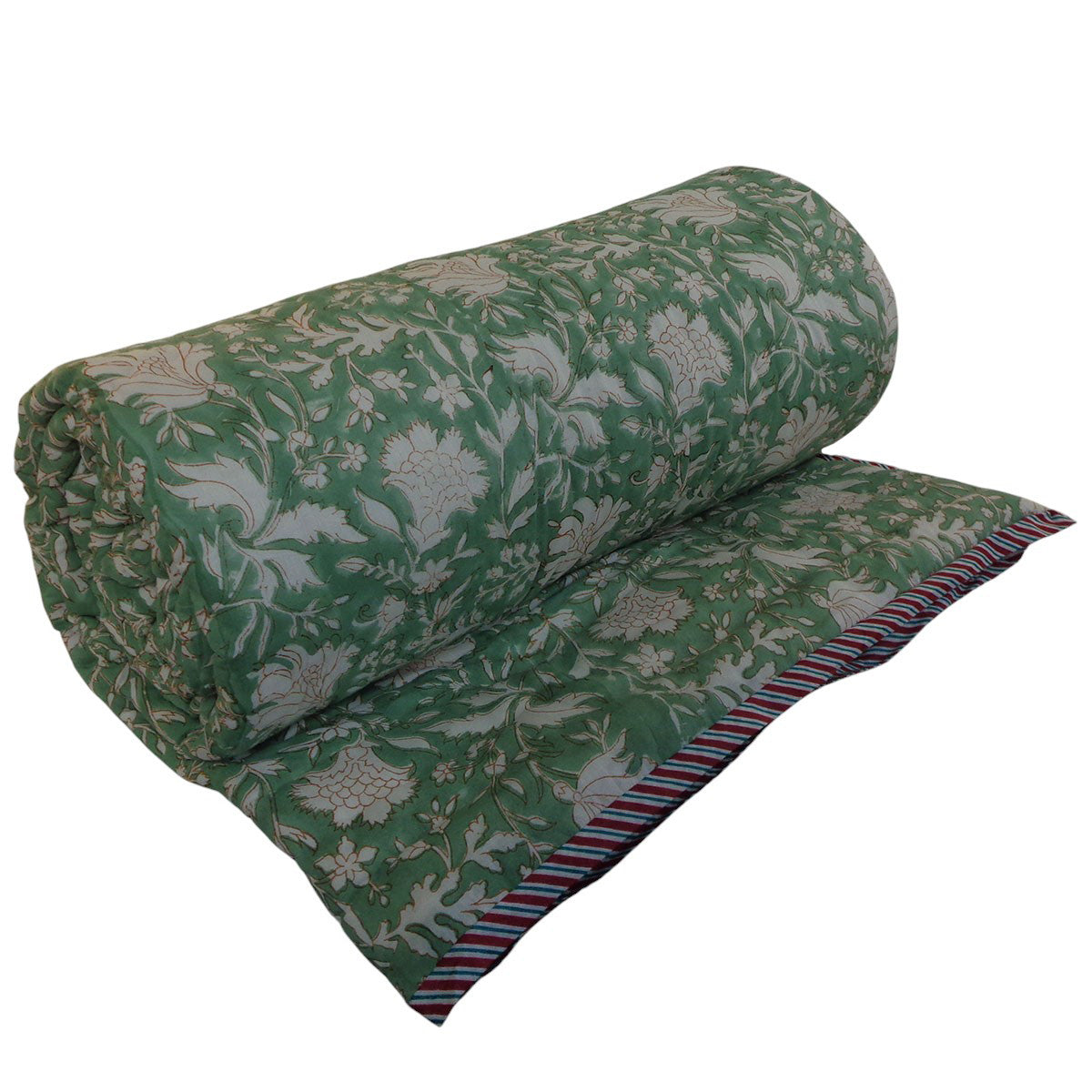 A rolled-out quilted blanket featuring a green and white floral damask pattern, with a striped red, blue, and white border on the edge, shown against a plain white background.