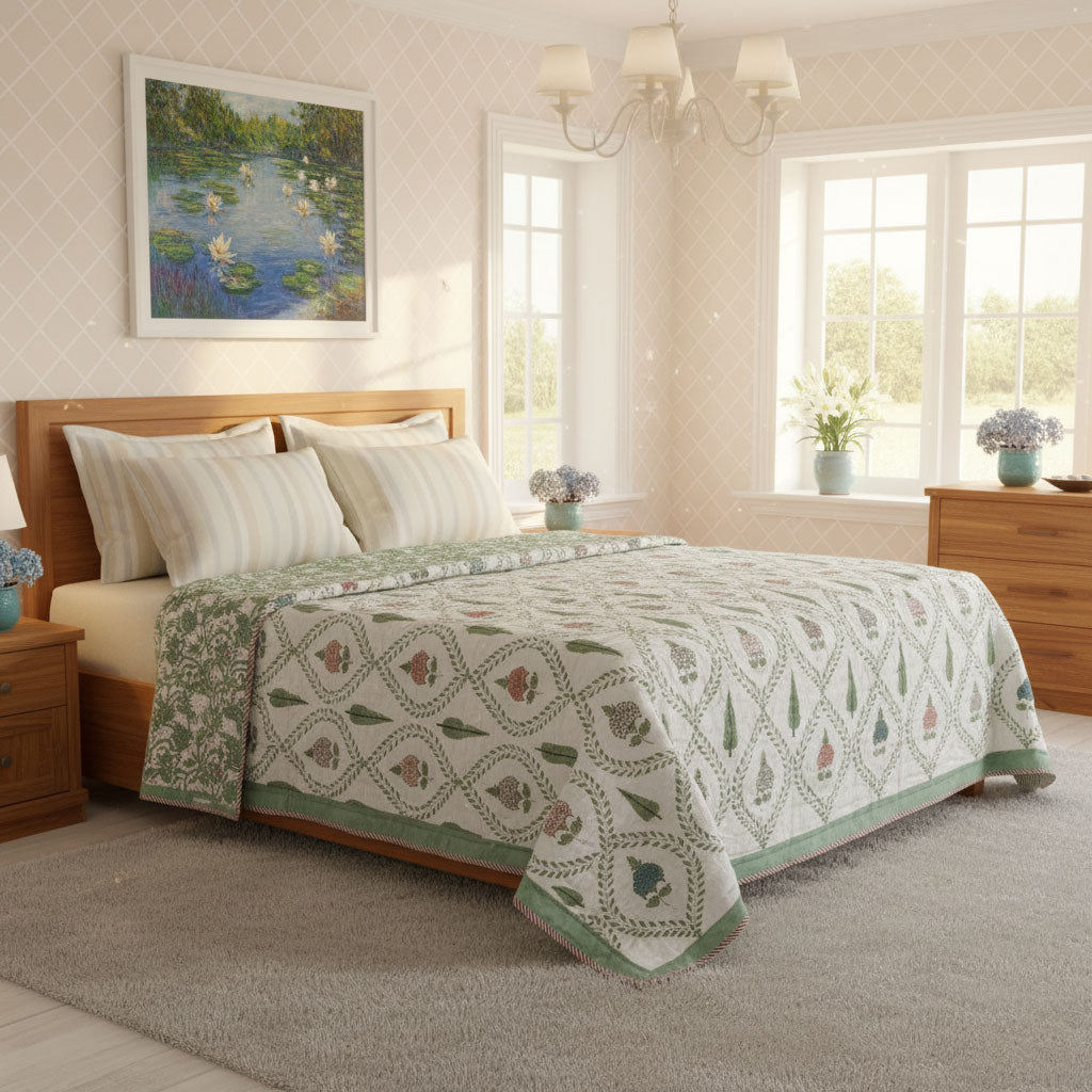 A quilted bedspread with a green and white geometric floral pattern is styled on a wooden bed in a bright, modern bedroom. A framed water lily painting hangs on the wall above the headboard.