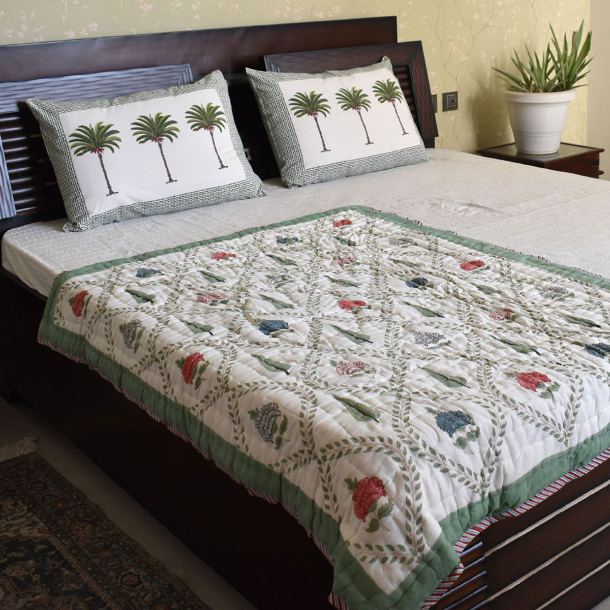 Hand Block Printed Baby Quilt –Jaipur Razai | White Green Flower 202215