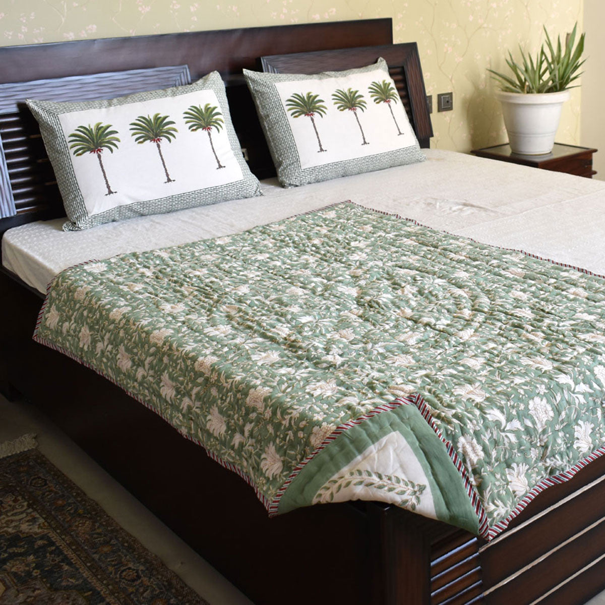Hand Block Printed Baby Quilt –Jaipur Razai | White Green Flower 202215