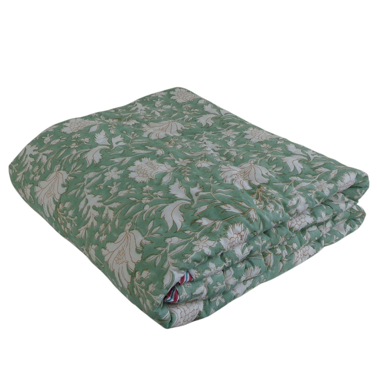 A folded quilted comforter with a green and beige floral pattern, shown on a plain white background.