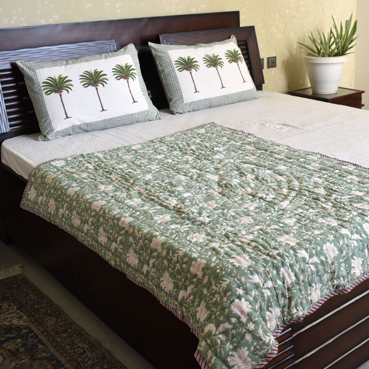 Hand Block Printed Baby Quilt –Jaipur Razai | White Green Flower 202215
