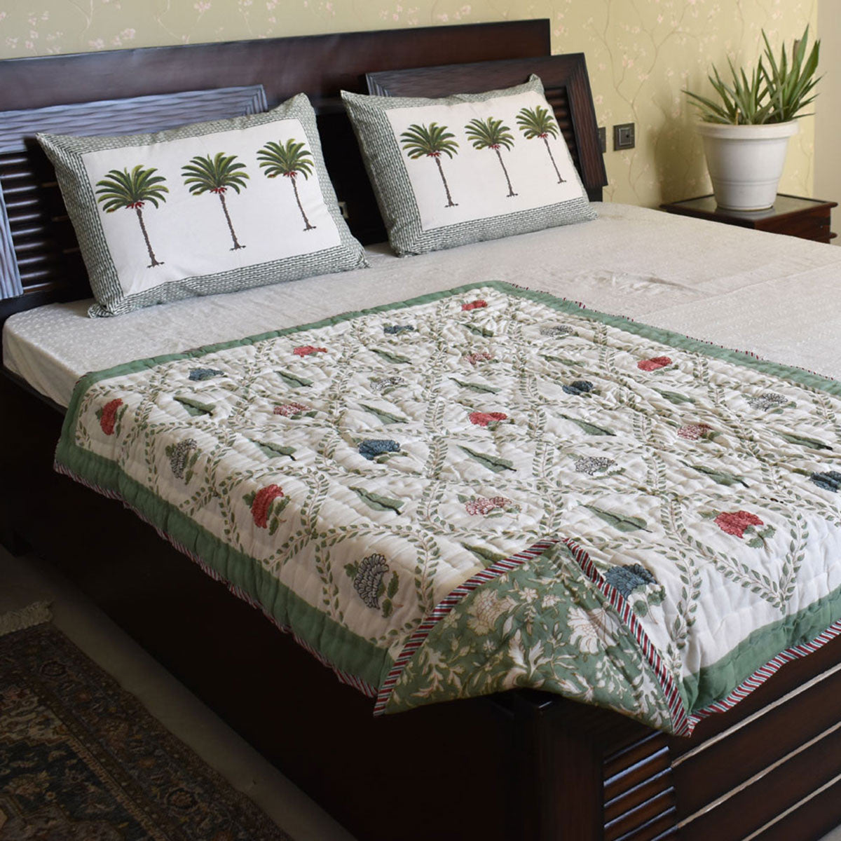 Hand Block Printed Baby Quilt –Jaipur Razai | White Green Flower 202215