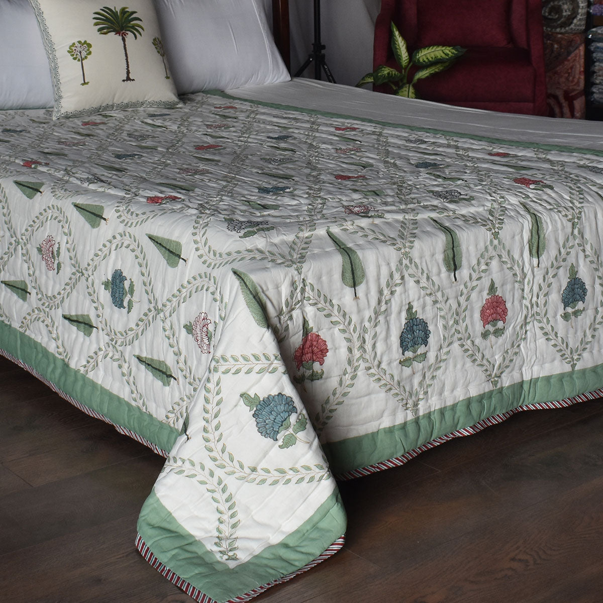 Handcrafted Heirloom Quilt Single | White Green Flower 202215