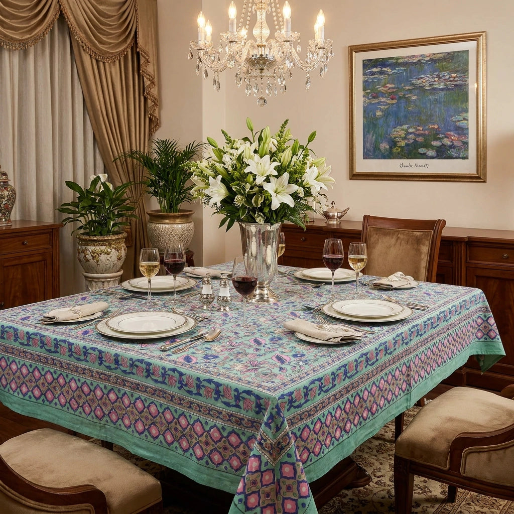 Jaipur Hand Block Tablecloth | Wild Flower Ocean Gud 106161