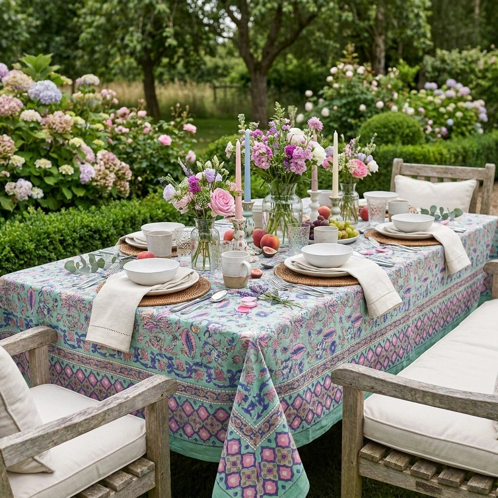 A rectangular outdoor dining table set with a colorful paisley tablecloth, white ceramic bowls and plates, folded white napkins, and multiple floral centerpieces in a garden with hydrangeas and trees in the background.