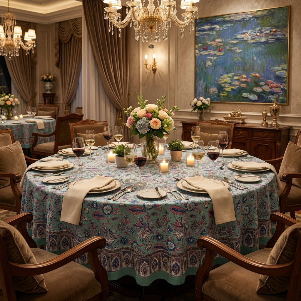 An elegant round dining table set in a luxurious restaurant or event hall, featuring a detailed paisley tablecloth in shades of teal, blue, and gold. The table is fully set with white plates, folded beige napkins, wine glasses, and candles, surrounded by upholstered wooden chairs.