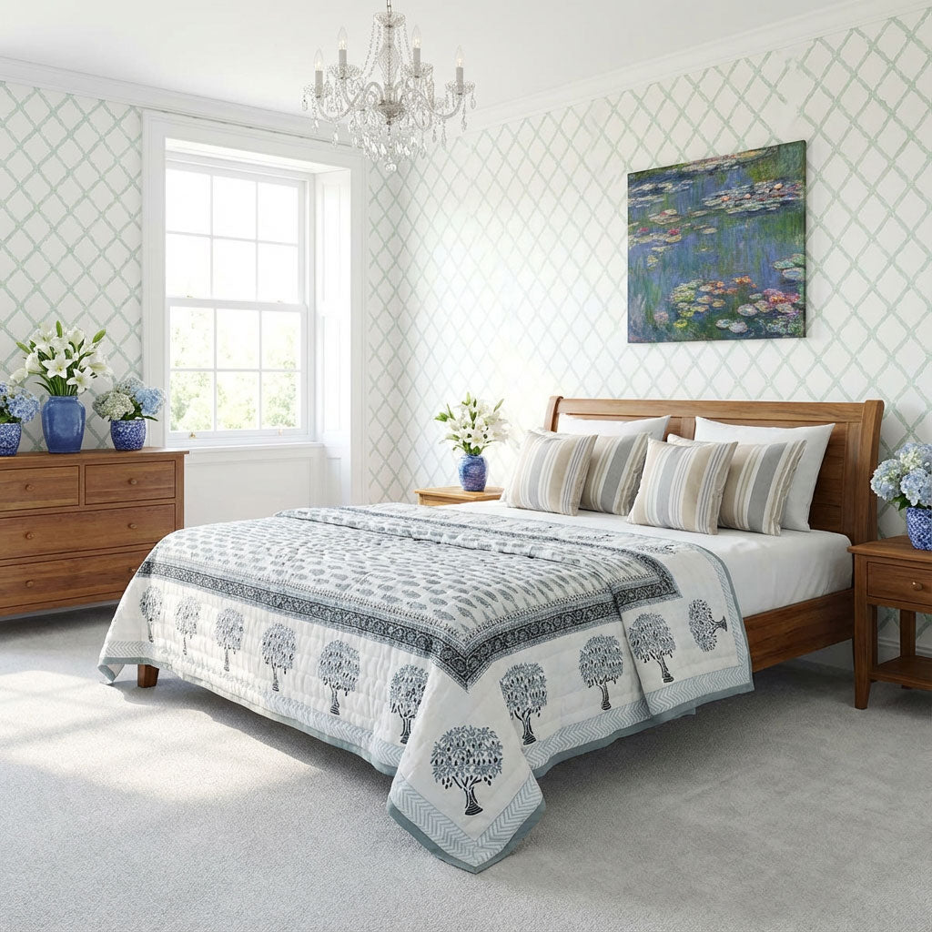 A styled bedroom scene showing a wooden bed dressed with a white quilted coverlet featuring a gray tree pattern and striped pillows, set against pale patterned wallpaper and a window.