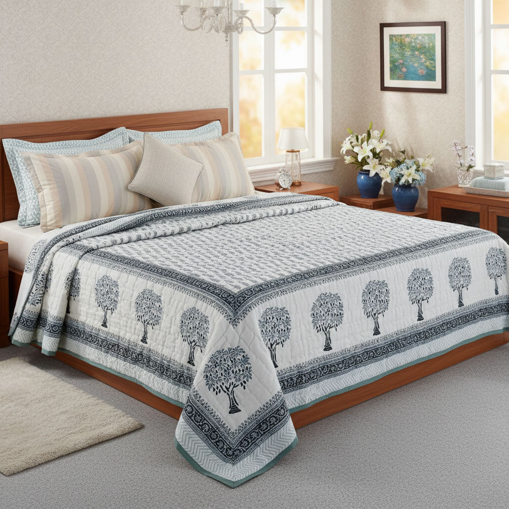 Queen Size Soft Cotton Quilt Handmade | Winter Fall Tree Grey 107195