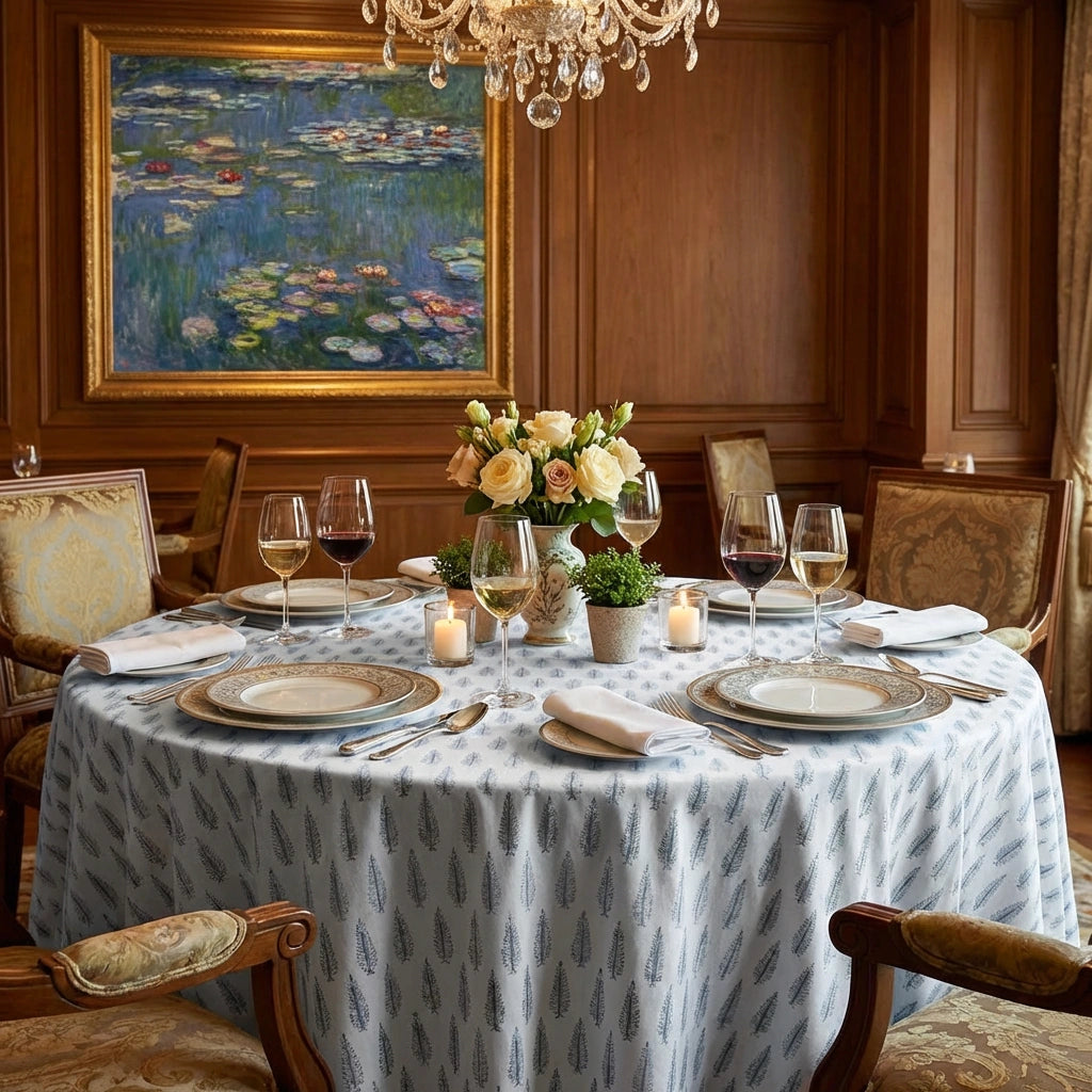 A round dining table set for six in an elegant room, draped with a light blue and white patterned tablecloth. The table is decorated with wine glasses, candles, a floral centerpiece, and plates.