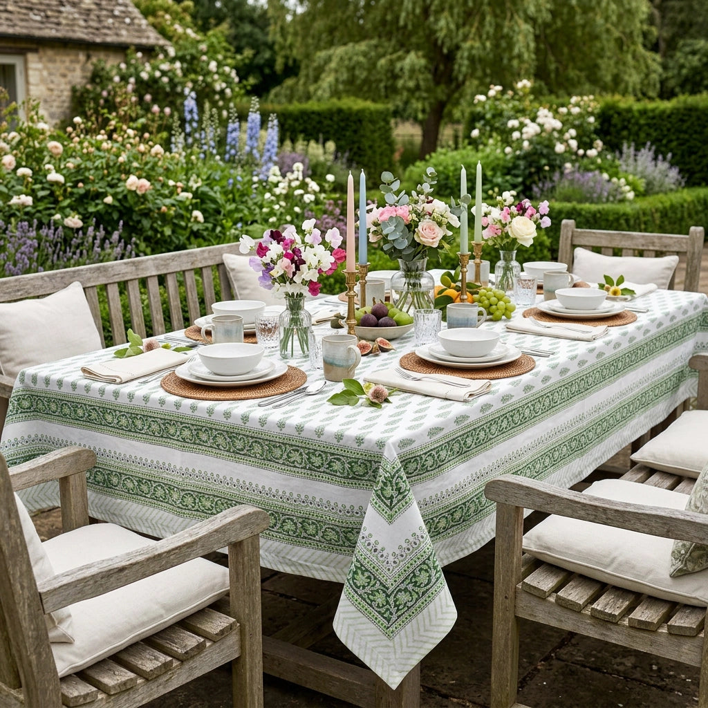 A rectangular outdoor dining table set with a white tablecloth featuring a green geometric border pattern, surrounded by wooden garden chairs with white cushions. The table is decorated with floral centerpieces, plates, cups, and candles, set against a lush, green garden background.