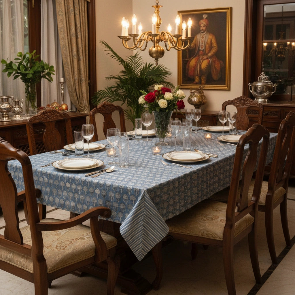 Jaipuri Razai Long Table Linen | Artichoke Pearl Blue 251210