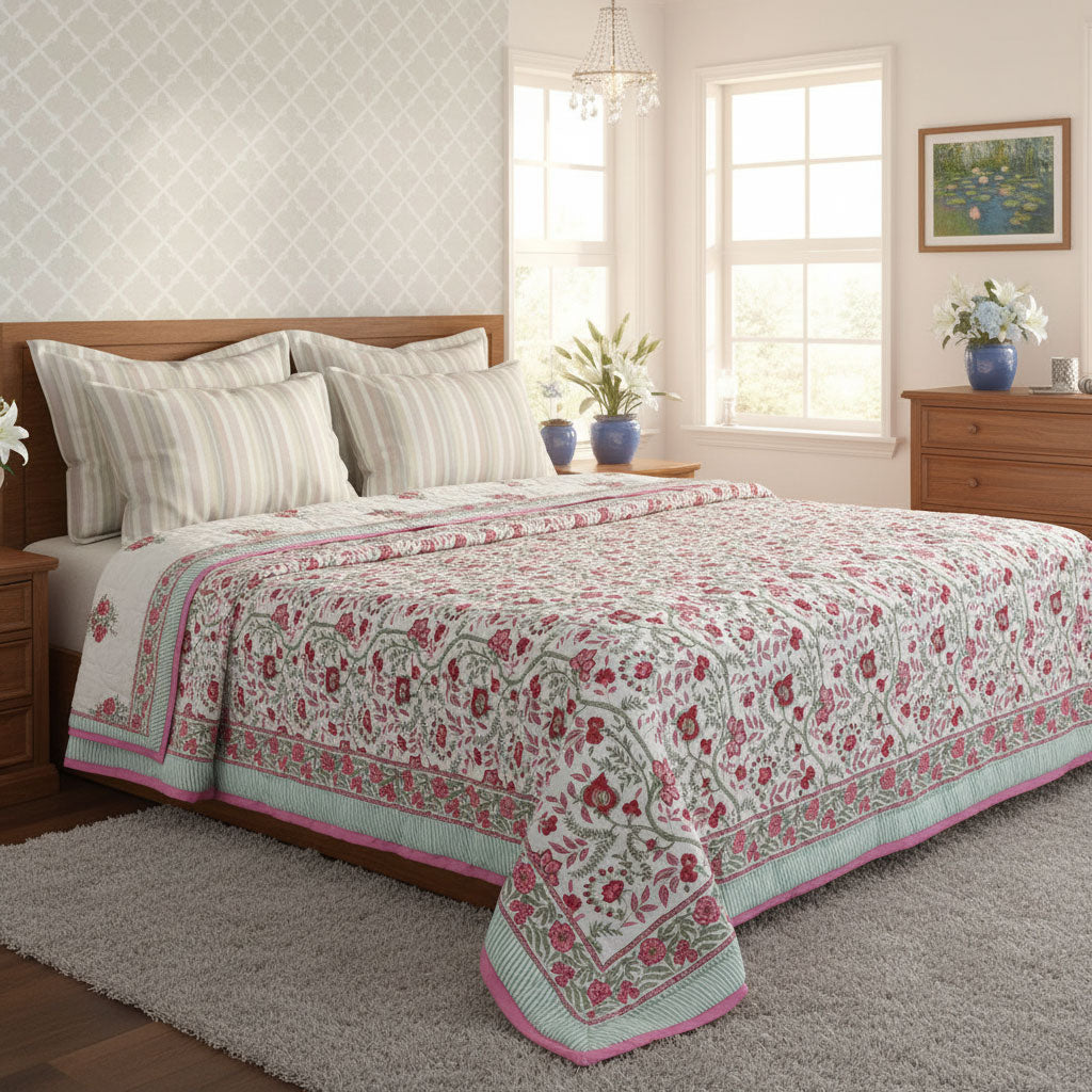 Hand Block Printed Cotton Queen Size Quilt | Bale Pink Red 251212