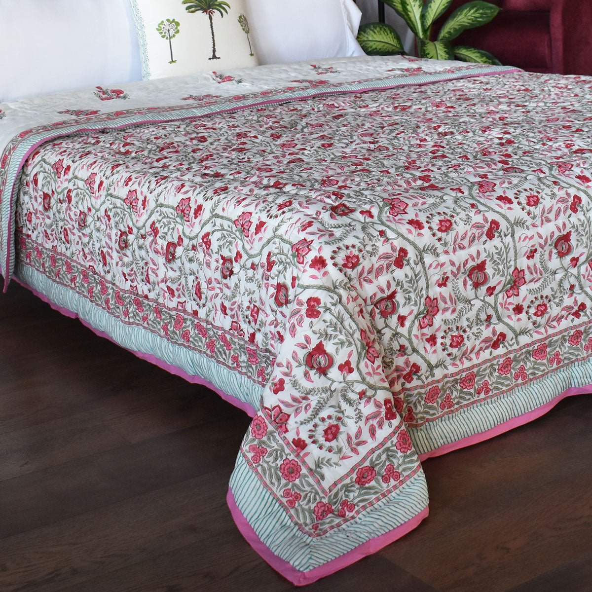 Hand Block Printed Cotton Queen Size Quilt | Bale Pink Red 251212