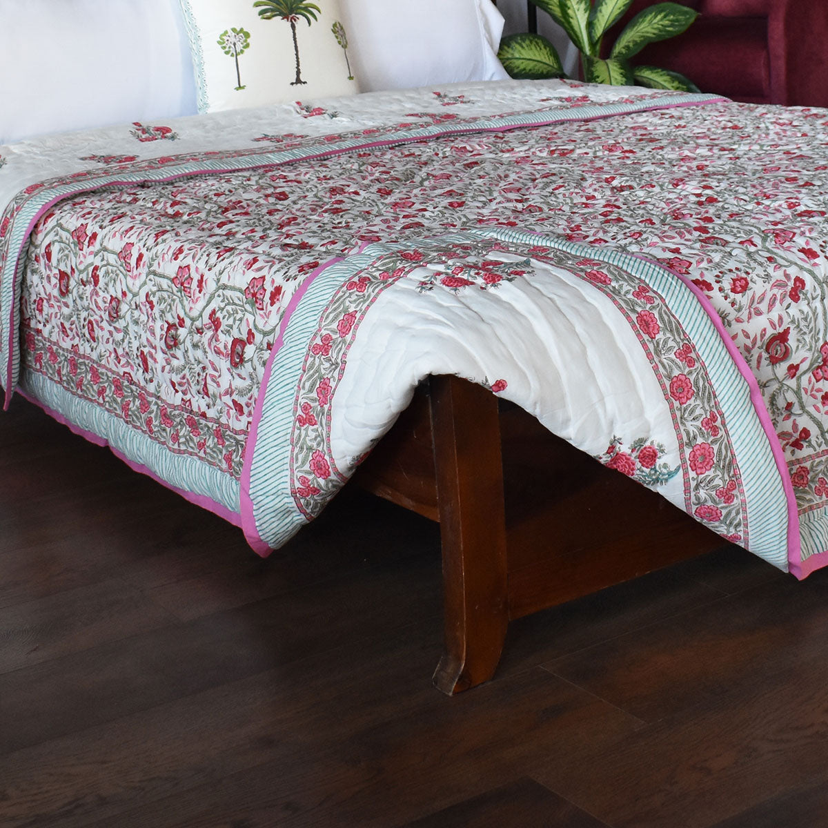 Hand Block Printed Cotton Queen Size Quilt | Bale Pink Red 251212