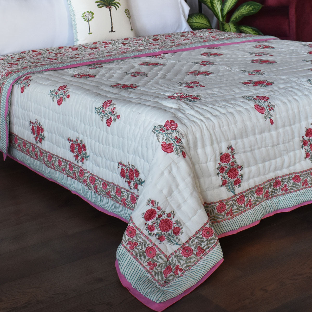 Hand Block Printed Cotton Queen Size Quilt | Bale Pink Red 251212