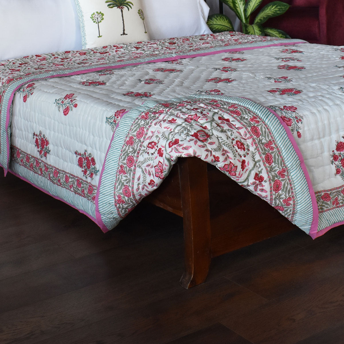 Hand Block Printed Cotton Queen Size Quilt | Bale Pink Red 251212