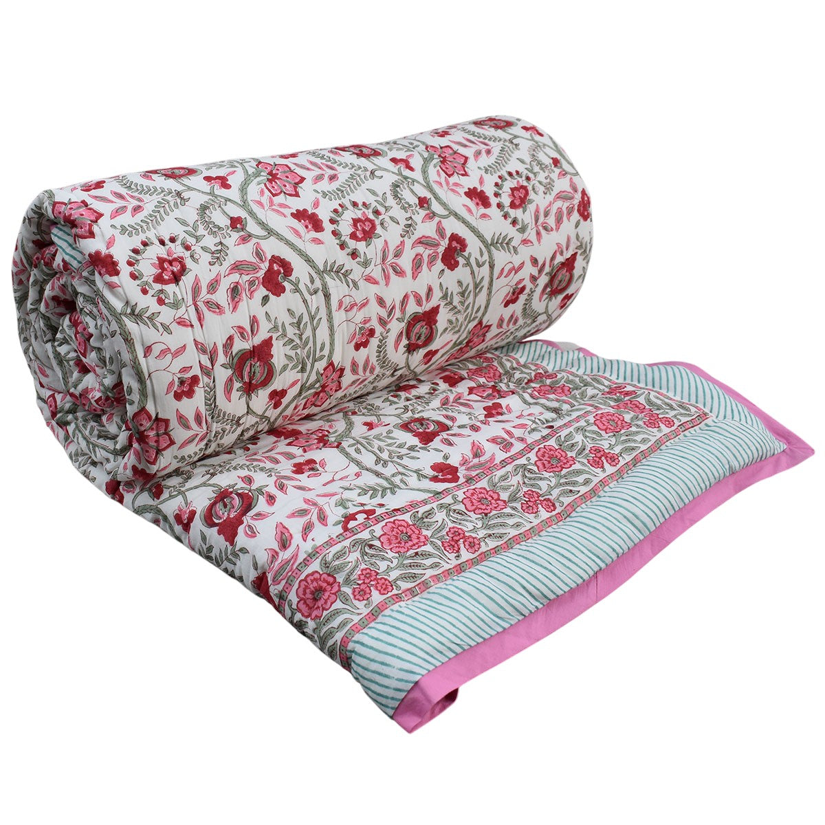 Hand Block Printed Cotton Queen Size Quilt | Bale Pink Red 251212