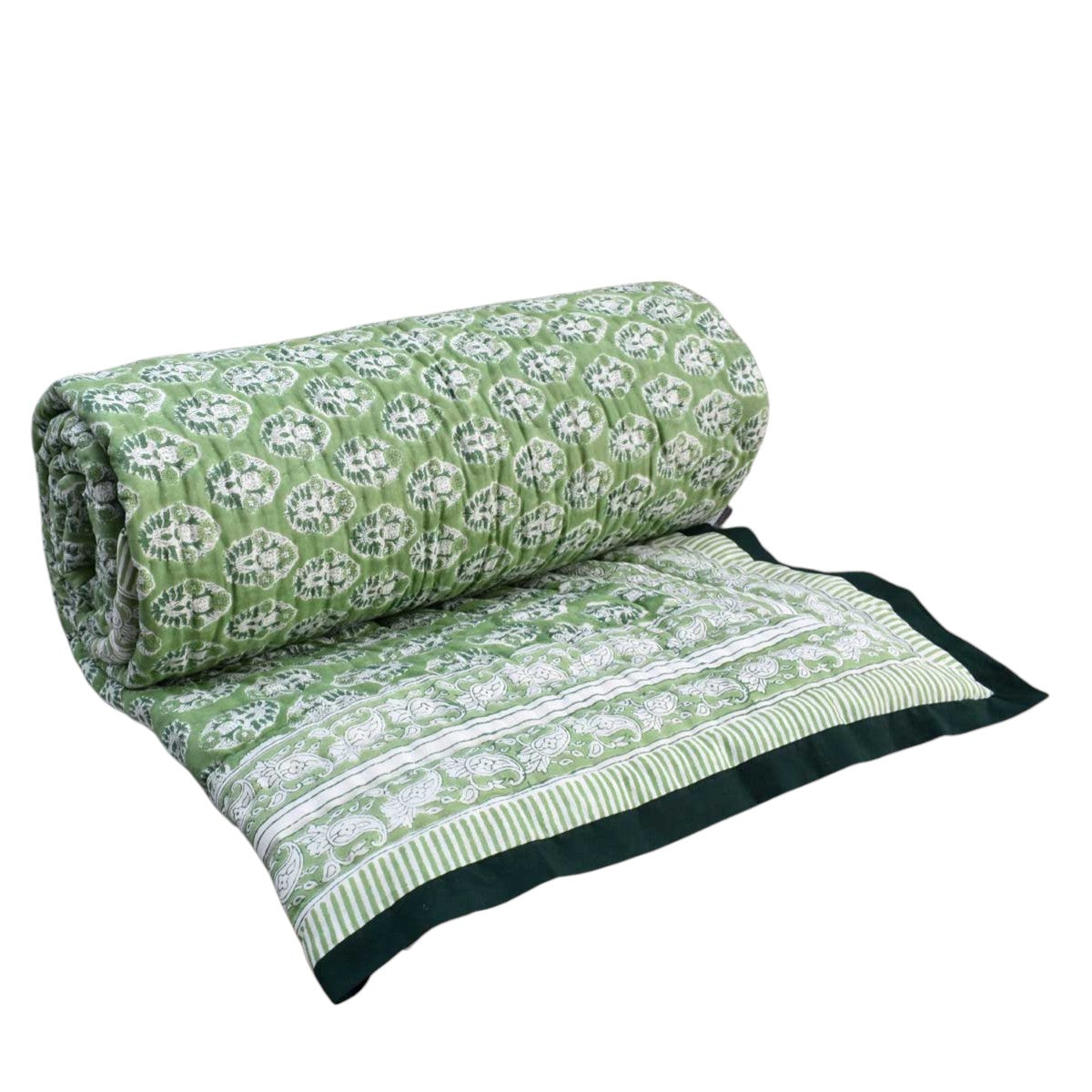 Hand Block Printed Cotton Medium Size Quilt | Boota Celadon Green Gud 100673