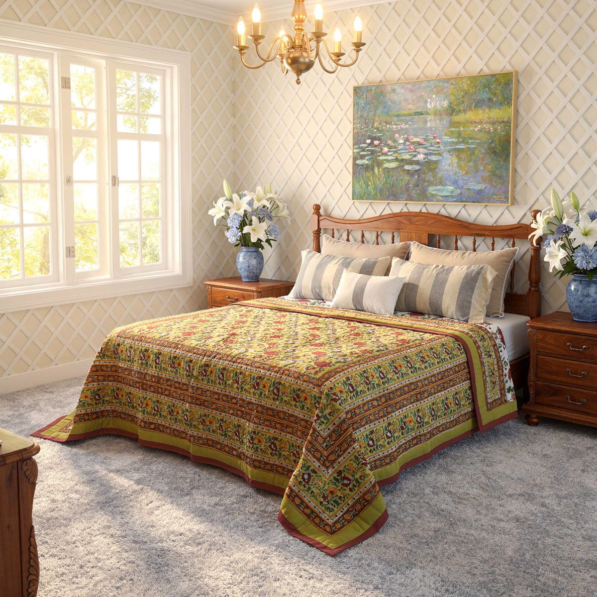 Hand Block Printed Cotton King Size Quilt | Flower Blossom Canary 104164