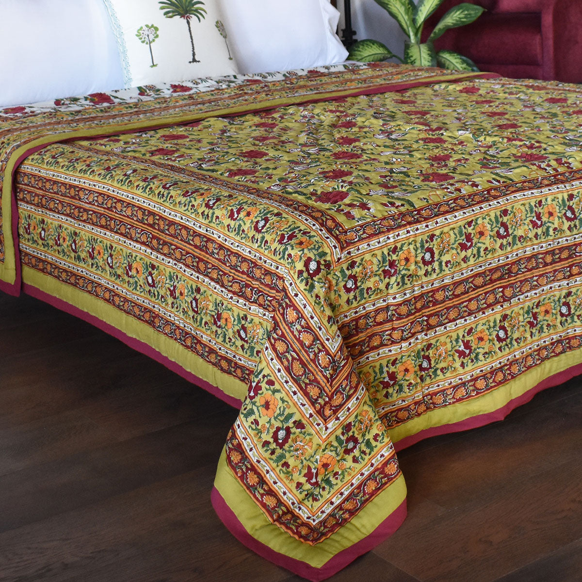 Hand Block Printed Cotton King Size Quilt | Flower Blossom Canary 104164
