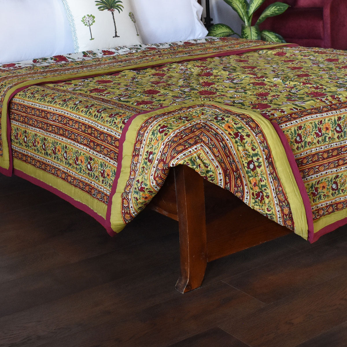Hand Block Printed Cotton King Size Quilt | Flower Blossom Canary 104164
