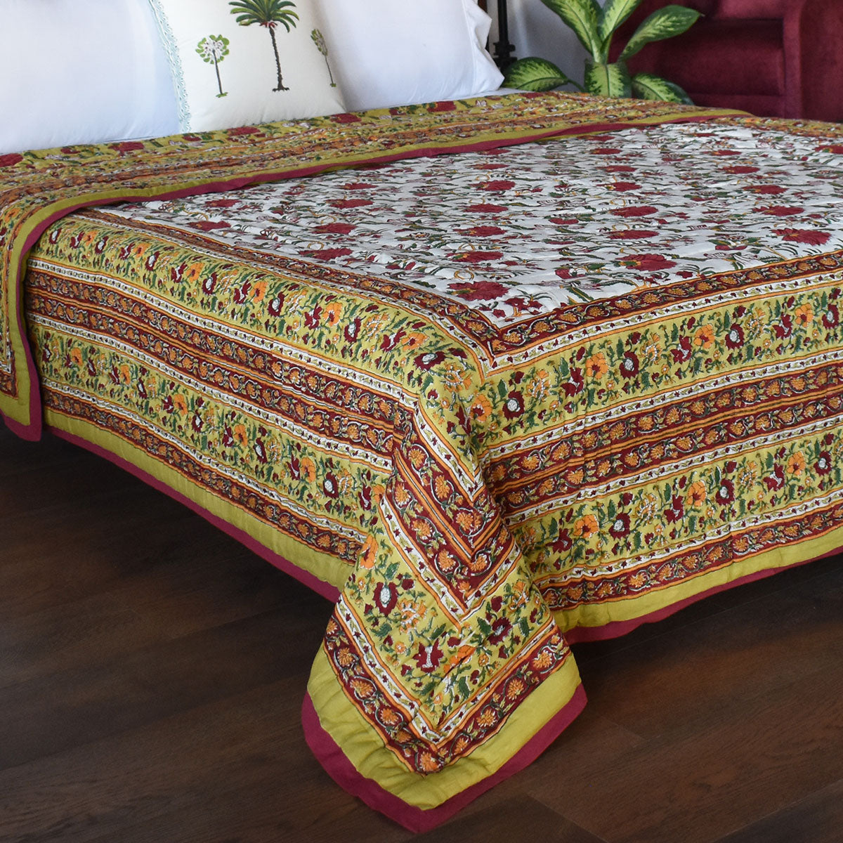 Hand Block Printed Cotton King Size Quilt | Flower Blossom Canary 104164