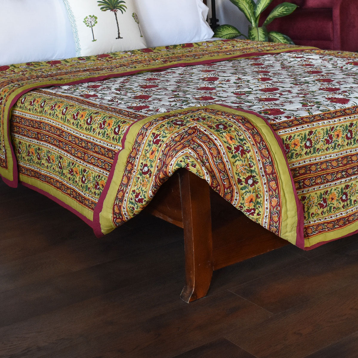 Hand Block Printed Cotton King Size Quilt | Flower Blossom Canary 104164