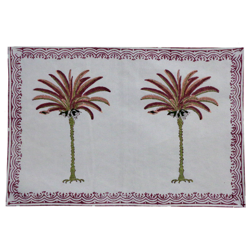 Hand Block Printed Canvas Table Mat 32x48 cms (Set of 2 Table mats) | Palm Tree Pink 202080