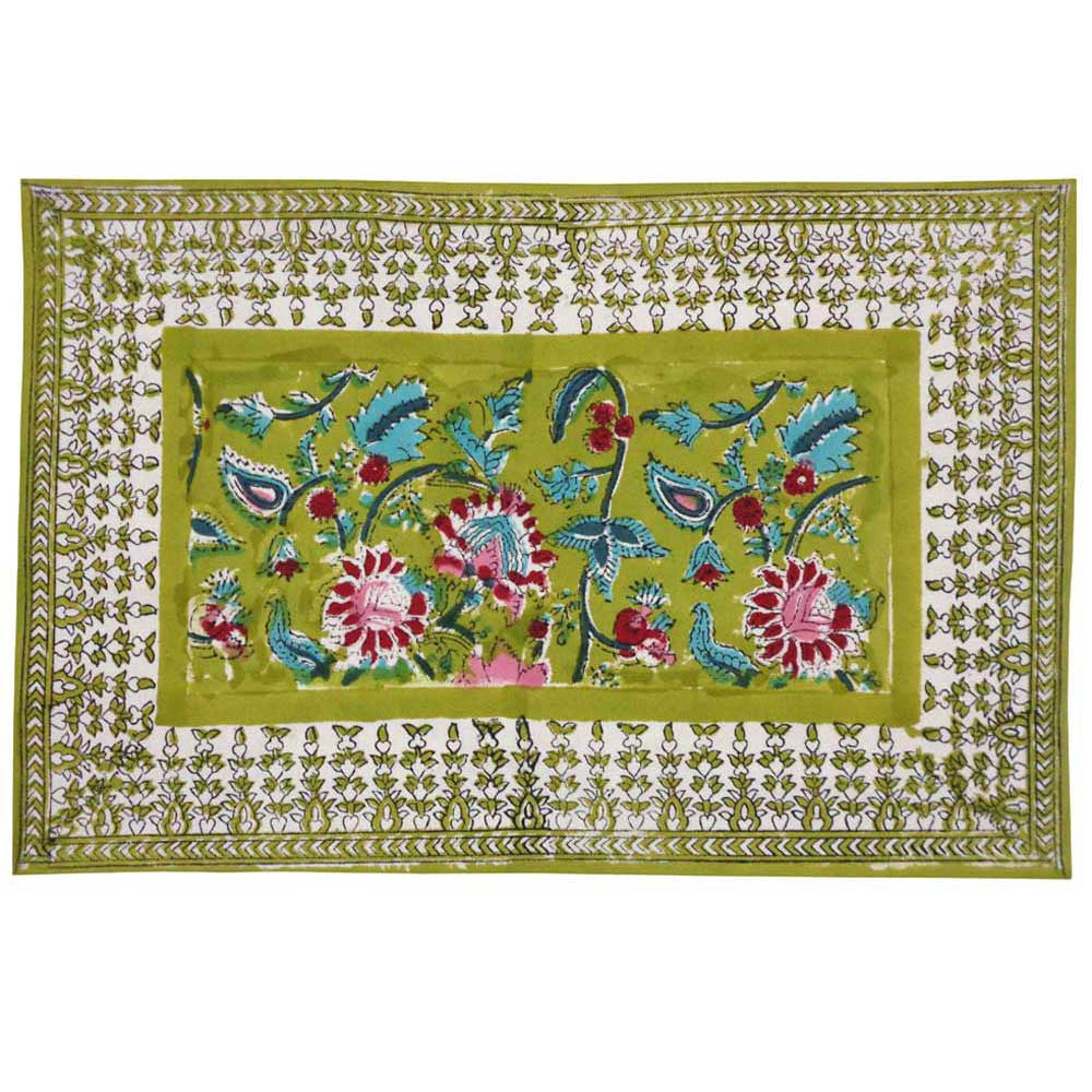Hand Block Printed Cotton Canvas Table Mat 32x48 cms (Set of 2 Table mats) |  Phuljhari Olive Gud 103487