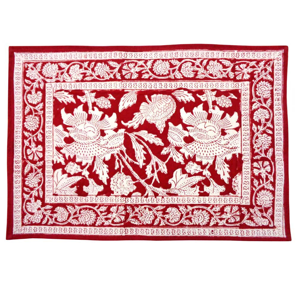Hand Block Printed Cotton Canvas Table Mat 32x48 cms (Set of 2 Table mats) | Amarnath Rococco Red 200196