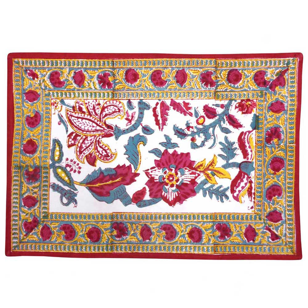 Hand Block Printed Cotton Canvas Table Mat 32x48 cms (Set of 2 Table mats) | Anarkali Red Open 200652