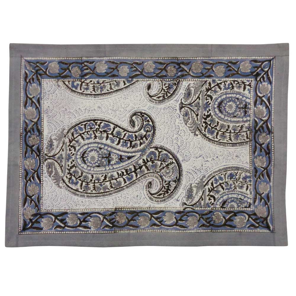Hand Block Printed Cotton Canvas Table Mat 32x48 cms (Set of 2 Table mats) | Big Paisley Brown 200021