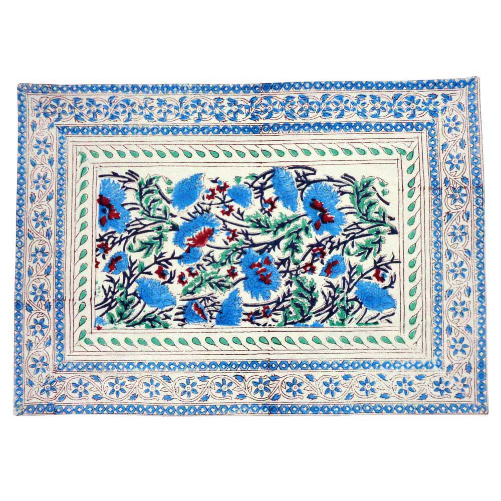 Hand Block Printed Cotton Canvas Table Mat 32x48 cms (Set of 2 Table mats) | Bush Flower Blue Open 103185