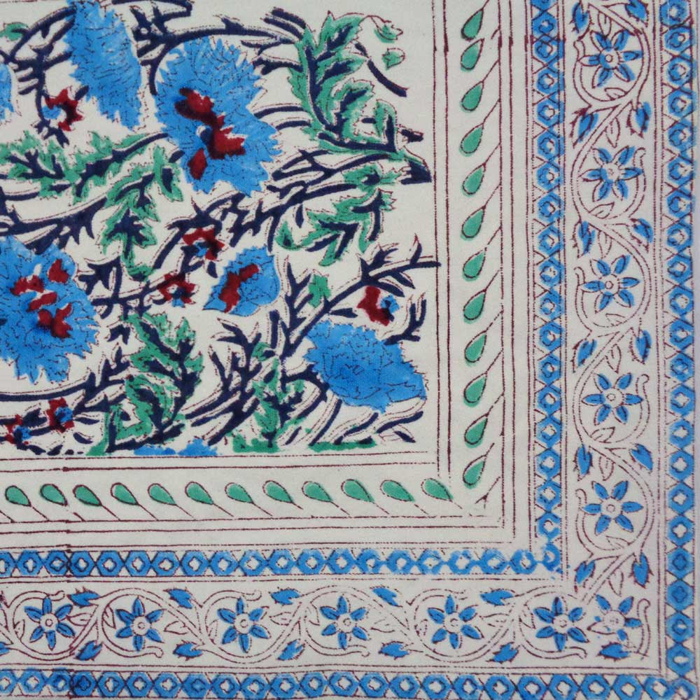 Hand Block Printed Cotton Canvas Table Mat 32x48 cms (Set of 2 Table mats) | Bush Flower Blue Open 103185