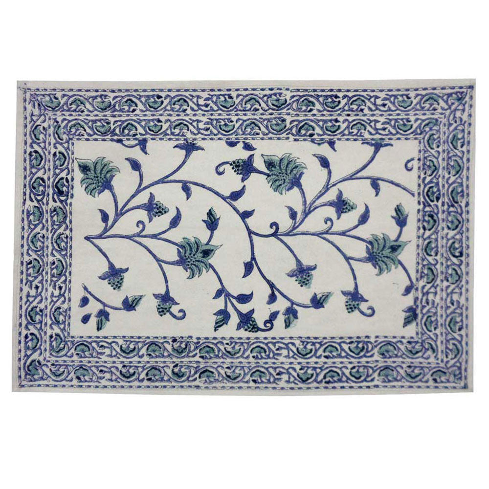 Hand Block Printed Cotton Canvas Table Mat 32x48 cms (Set of 2 Table mats) | Floral Bale Blue 203928