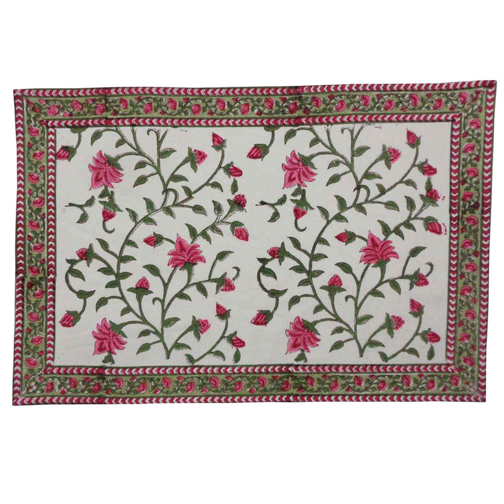 Hand Block Printed Cotton Canvas Table Mat 32x48 cms (Set of 2 Table mats) | Floral Bale Pink 204023