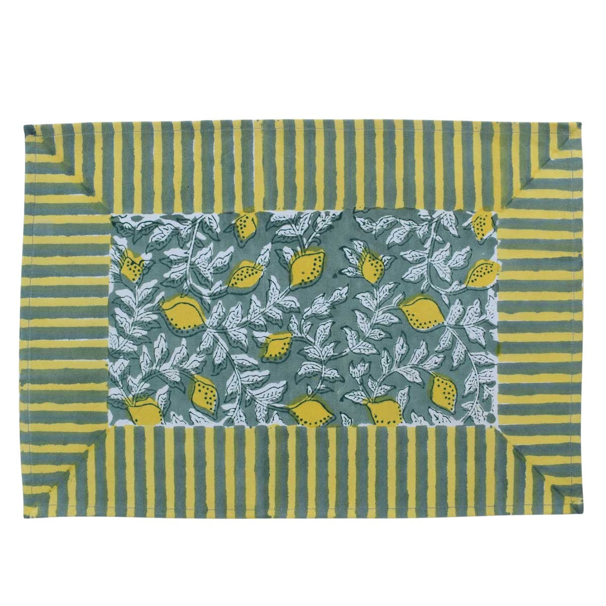 Hand Block Printed Cotton Canvas Table Mat 32x48 cms (Set of 2 Table mats) | Lemon Green 202405