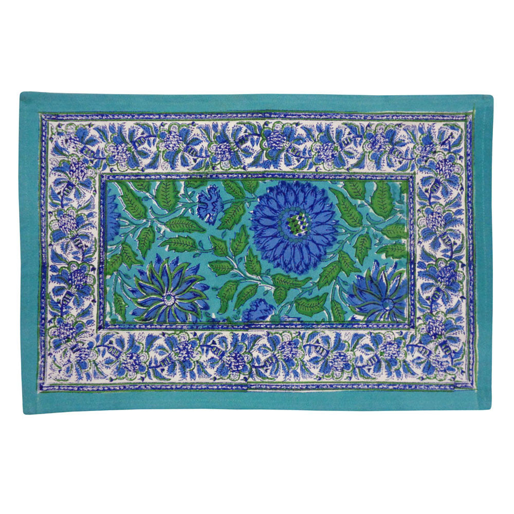 Hand Block Printed Cotton Canvas Table Mat 32x48 cms (Set of 2 Table mats) | Surajmukhi Blue Gud 106164